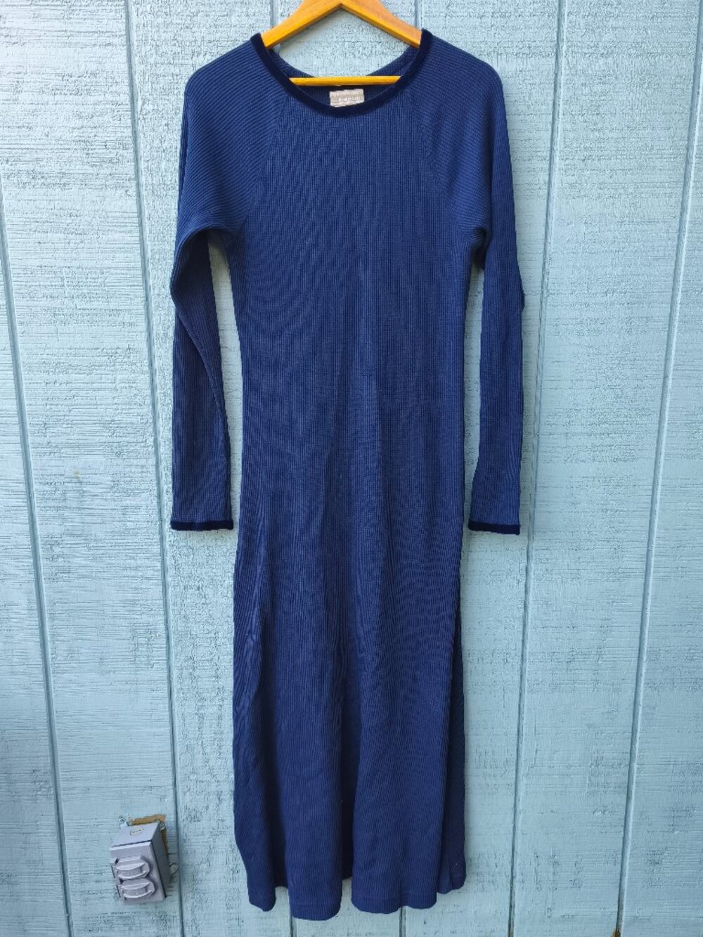 90s Coldwater Creek Cotton Blend Waffle Knit Maxi Dress sz M Navy Cottagecore